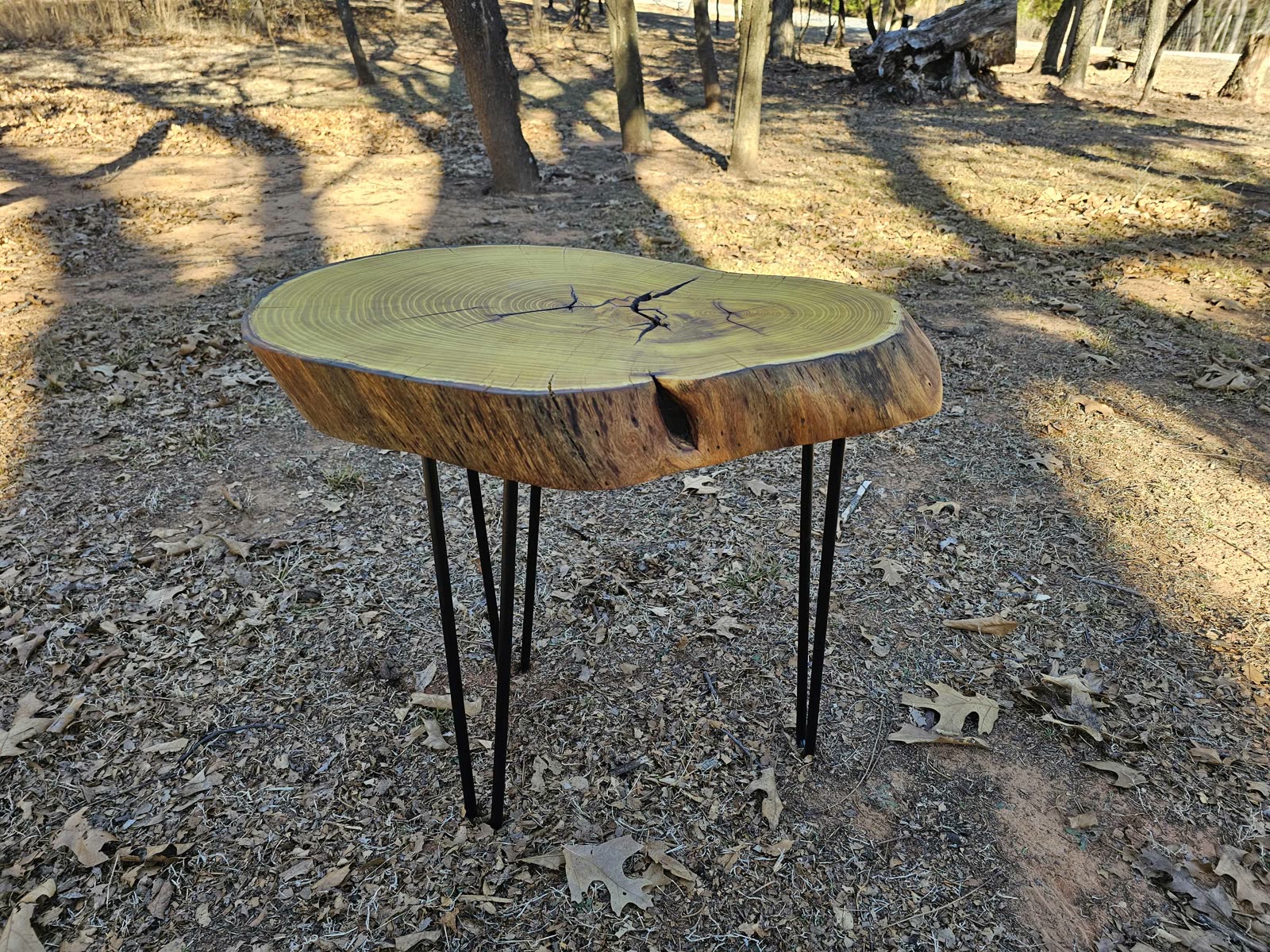 Live-edge Osage orange end table on hairpin legs